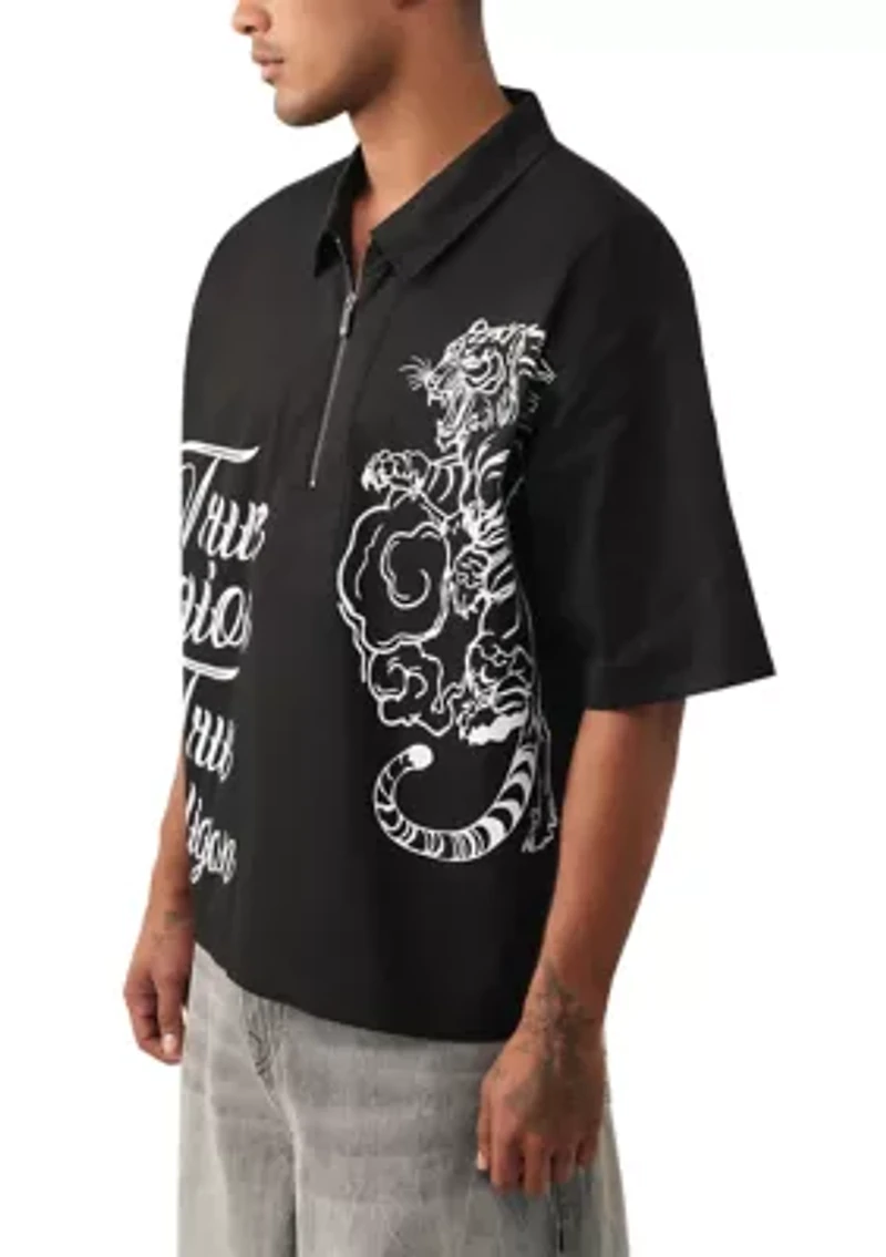 Men's Tiger Print Short Sleeve Zip Woven Top