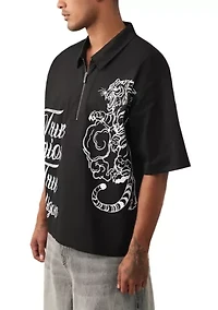 Men's Tiger Print Short Sleeve Zip Woven Top