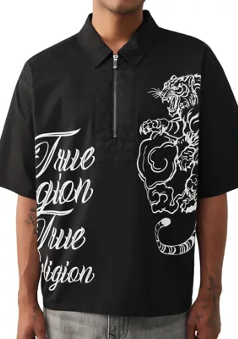 Men's Tiger Print Short Sleeve Zip Woven Top