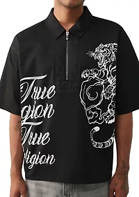 Men's Tiger Print Short Sleeve Zip Woven Top
