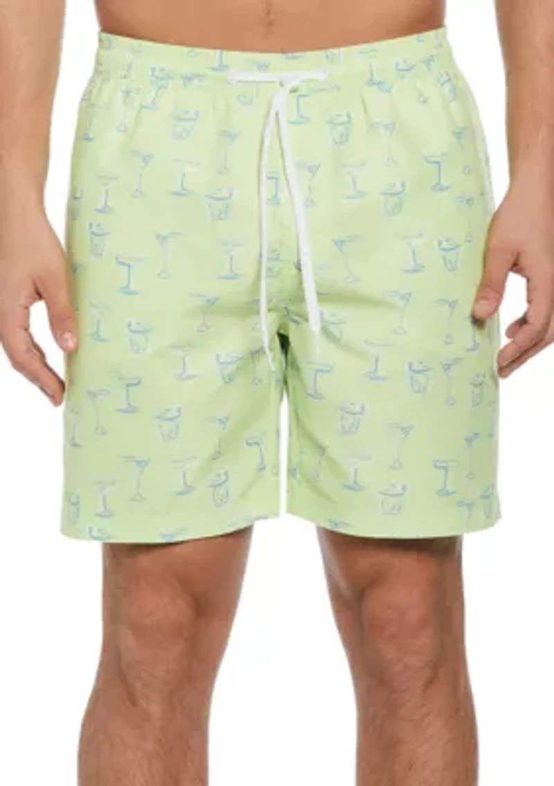 7" Yellow Cocktails Print Swim Shorts