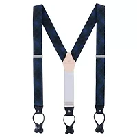 Ives Green and Navy Blackwatch Plaid Silk Button End Braces
