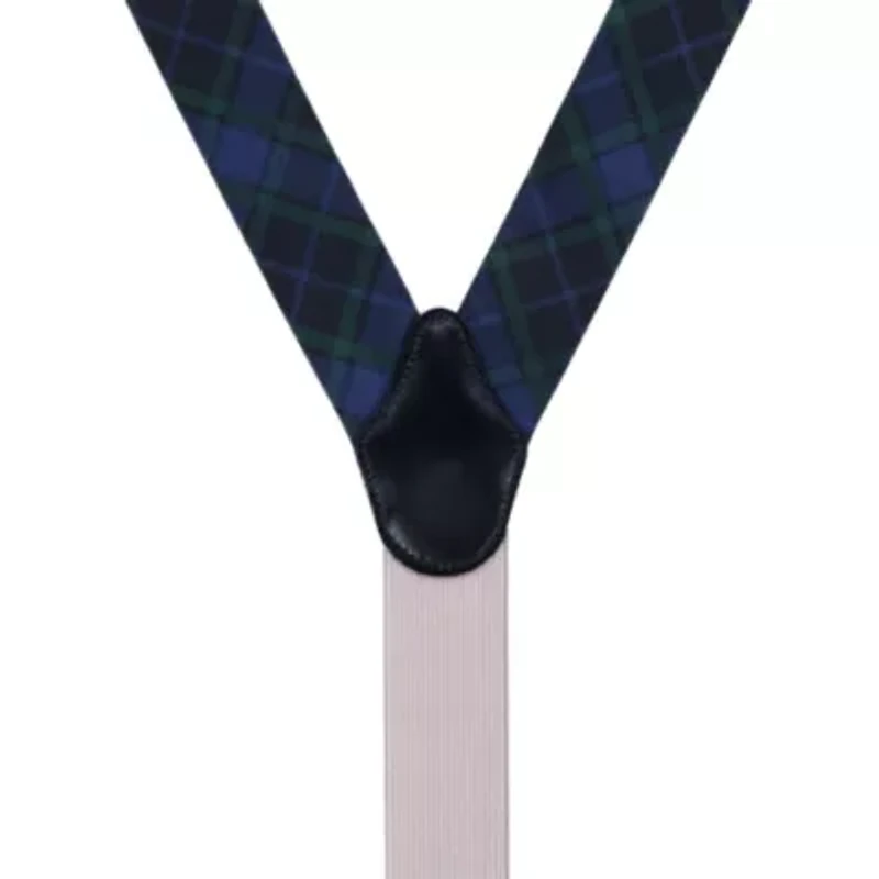 Ives Green and Navy Blackwatch Plaid Silk Button End Braces