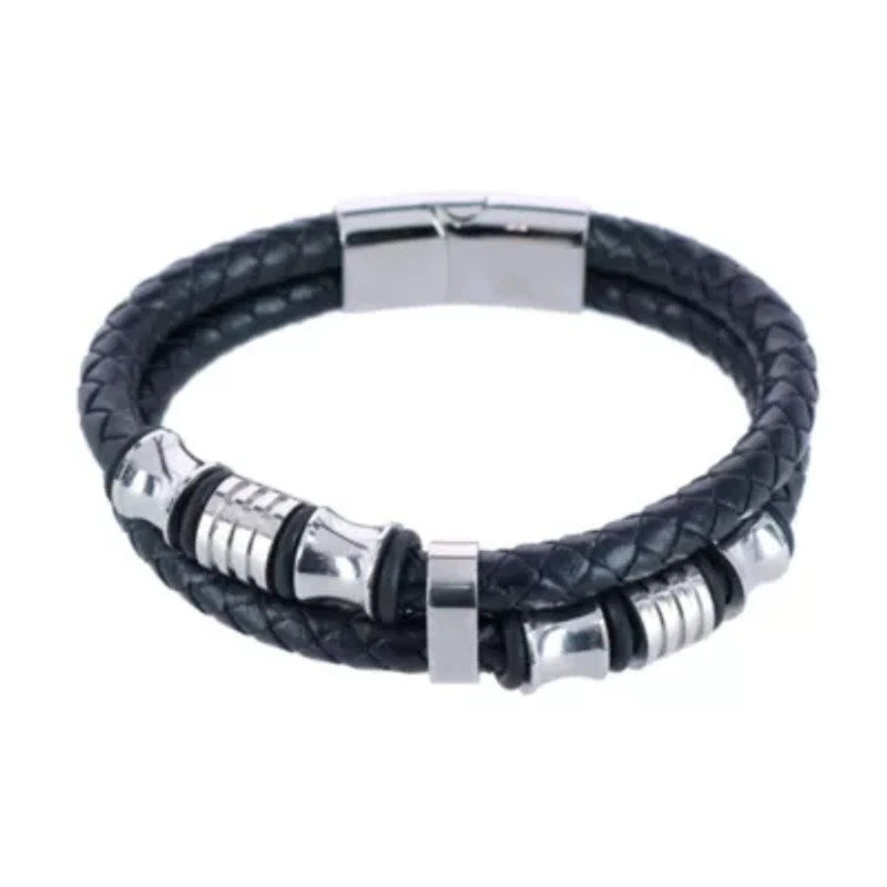 Loose Fit Silver and Leather 2 Band Secure Clasp Leather Bracelet