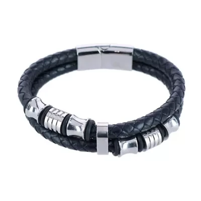 Loose Fit Silver and Leather 2 Band Secure Clasp Leather Bracelet