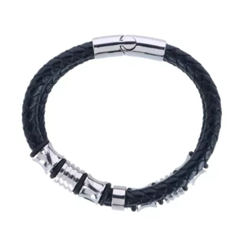 Loose Fit Silver and Leather 2 Band Secure Clasp Leather Bracelet