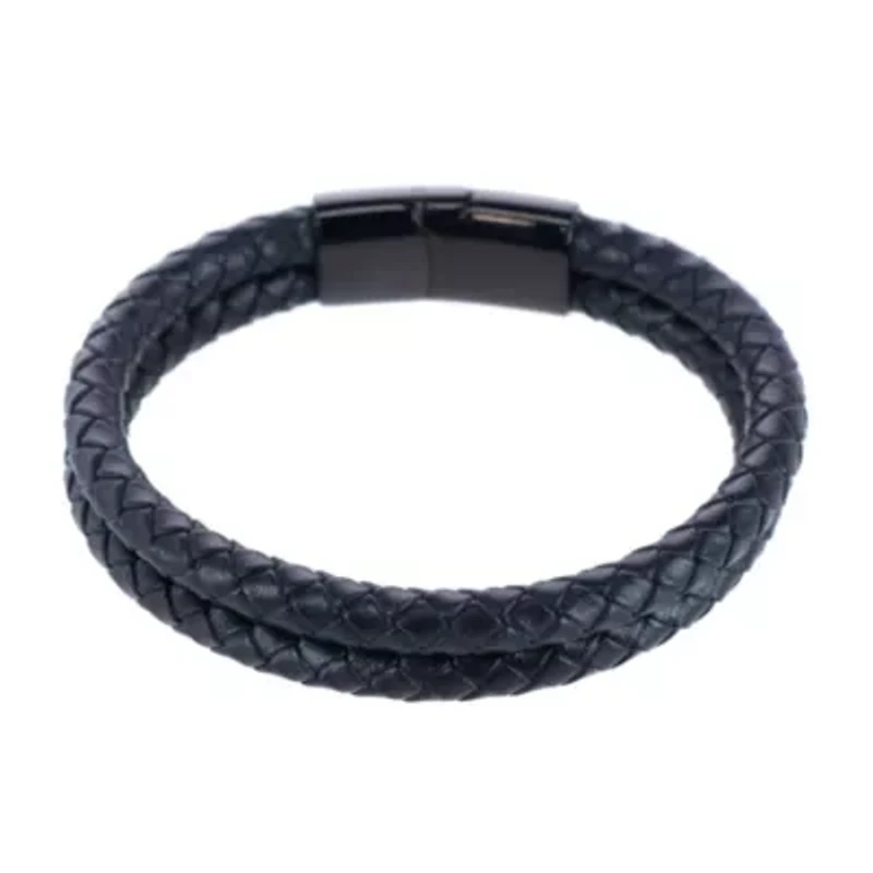 Loose Fit Simple 2 Band Braided Secure Clasp Leather Bracelet