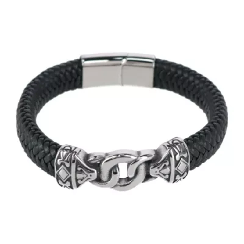 Loose Fit Silver Interlock Pattern on Black Leather Bracelet