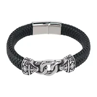 Loose Fit Silver Interlock Pattern on Black Leather Bracelet