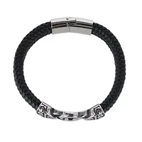 Loose Fit Silver Interlock Pattern on Black Leather Bracelet
