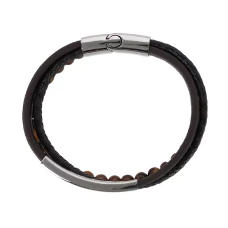 Loose Fit Beaded and Leather 3 Strand Bracelet