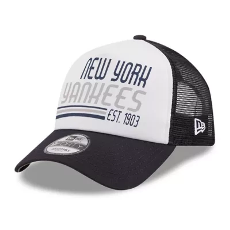 MLB White/Navy New York Yankees Stacked A-Frame Trucker 9FORTY Adjustable Hat