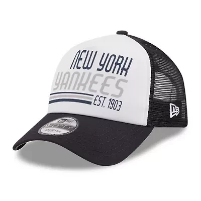 MLB White/Navy New York Yankees Stacked A-Frame Trucker 9FORTY Adjustable Hat