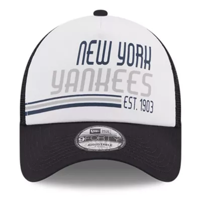 MLB White/Navy New York Yankees Stacked A-Frame Trucker 9FORTY Adjustable Hat