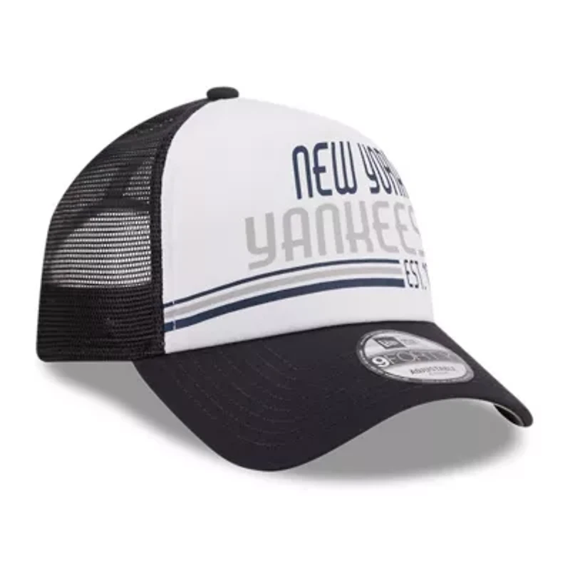 MLB White/Navy New York Yankees Stacked A-Frame Trucker 9FORTY Adjustable Hat