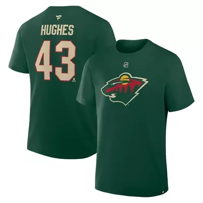 NHL Fanatics Quinn Hughes Minnesota Wild Authentic Stack Name & Number T-Shirt