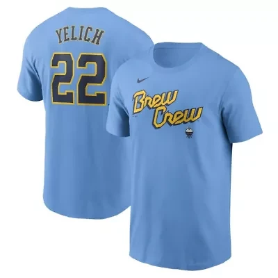 MLB Nike Christian Yelich Powder Milwaukee Brewers City Connect Fuse Name & Number T-Shirt