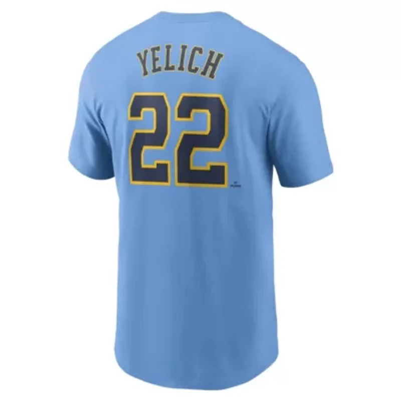 MLB Nike Christian Yelich Powder Milwaukee Brewers City Connect Fuse Name & Number T-Shirt