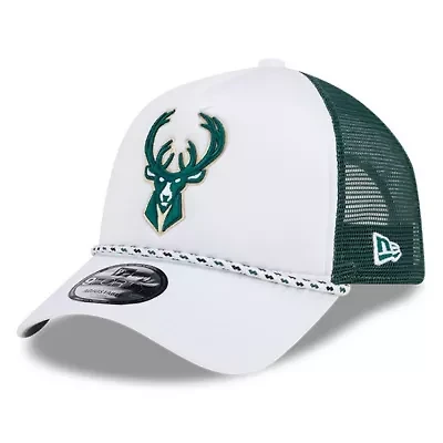 NBA White/Hunter Milwaukee Bucks Court Sport Foam A-Frame 9FORTY Adjustable Trucker Hat