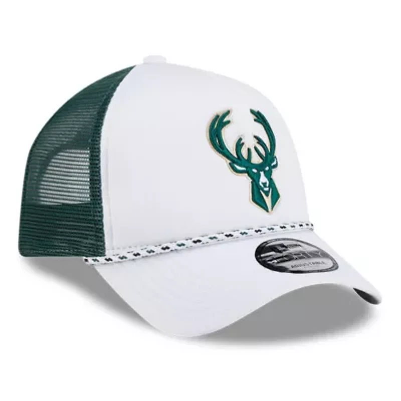 NBA White/Hunter Milwaukee Bucks Court Sport Foam A-Frame 9FORTY Adjustable Trucker Hat