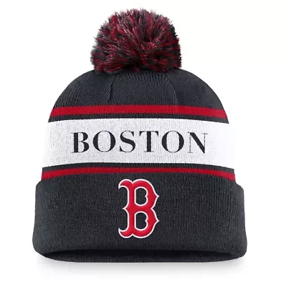 Boston Red Sox MLB Nike Boston Sox Team Stripe Peak Cuffed Knit Hat with Pom
