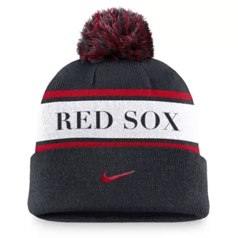 Boston Red Sox MLB Nike Boston Sox Team Stripe Peak Cuffed Knit Hat with Pom