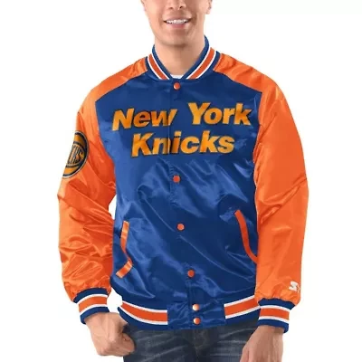 NBA Blue/Orange New York Knicks Renegade Satin Full-Snap Varsity Jacket