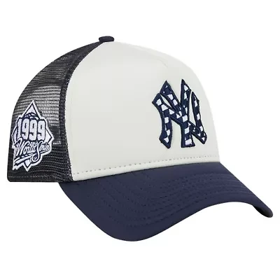 MLB White/Navy New York Yankees Checkered Flag A-Frame Trucker 9FORTY Adjustable Hat