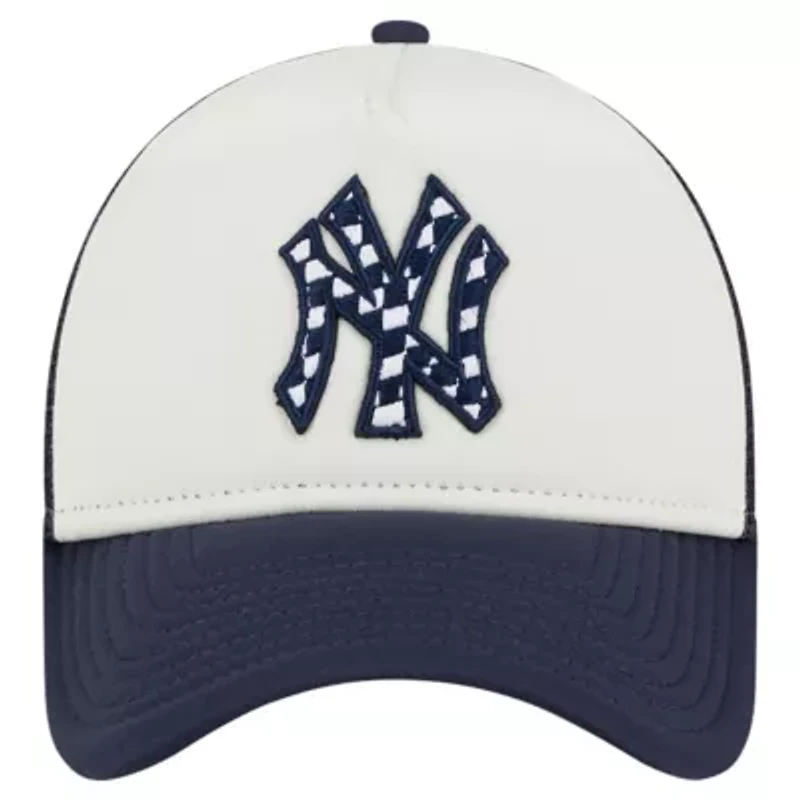 MLB White/Navy New York Yankees Checkered Flag A-Frame Trucker 9FORTY Adjustable Hat