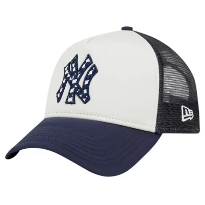 MLB White/Navy New York Yankees Checkered Flag A-Frame Trucker 9FORTY Adjustable Hat