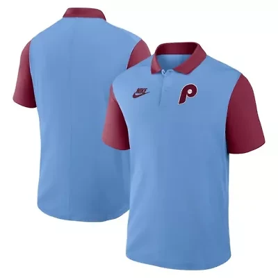 MLB Nike Light Blue/Burgundy Philadelphia Phillies Cooperstown Collection Color-Block Victory Dri-FIT Polo