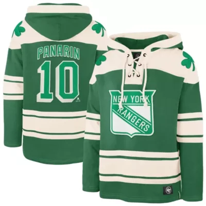 NHL Artemi Panarin Kelly New York Rangers St. Patrick's Day Player Name & Number Lacer Pullover Hoodie
