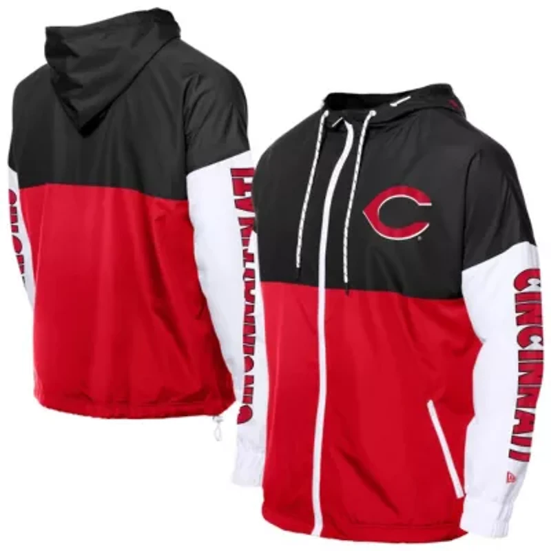 MLB Red/Black Cincinnati Reds Color Block Full-Zip Hoodie Windbreaker