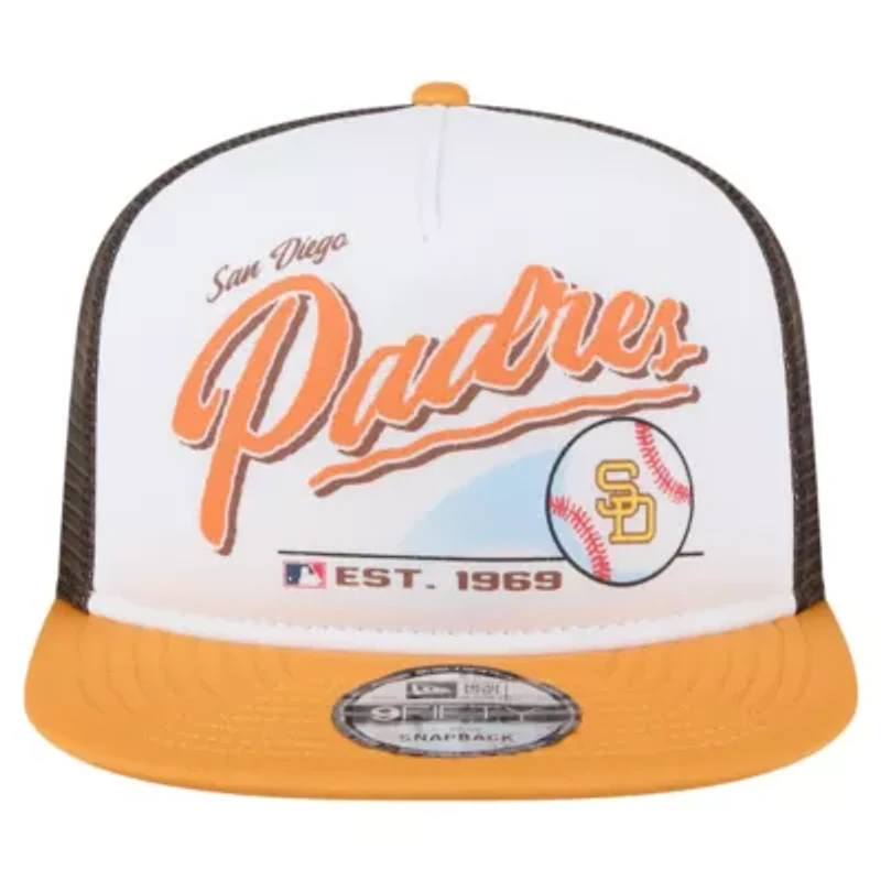 MLB White/Gold San Diego Padres Retro Script Trucker 9FIFTY Snapback Hat