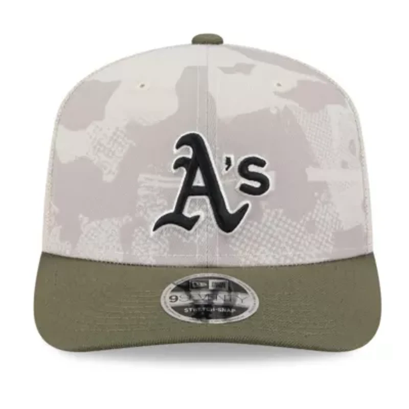 Oakland Athletics MLB Light Beige/Olive Athletics 2025 Armed Forces Day 9SEVENTY Stretch-Snap Hat