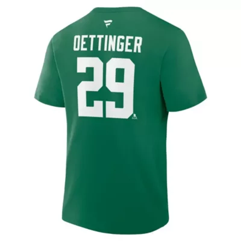 NHL Fanatics Jake Oettinger Kelly Dallas Stars Authentic Stack Name & Number T-Shirt