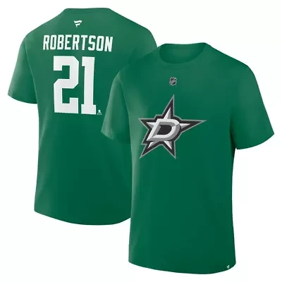 NHL Fanatics Jason Robertson Kelly Dallas Stars Authentic Stack Name & Number T-Shirt