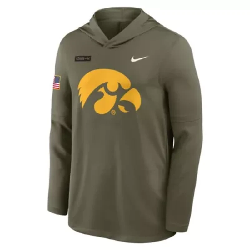 NCAA Nike Iowa Hawkeyes 2025 Military Appreciation Dri-FIT Long Sleeve Hoodie T-Shirt