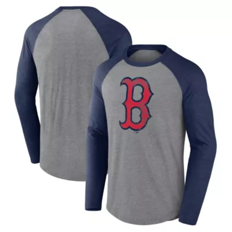 Boston Red Sox MLB Fanatics Gray/ Weathered Logo Tri-Blend Raglan Long Sleeve T-Shirt