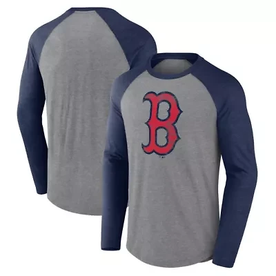 Boston Red Sox MLB Fanatics Gray/ Weathered Logo Tri-Blend Raglan Long Sleeve T-Shirt