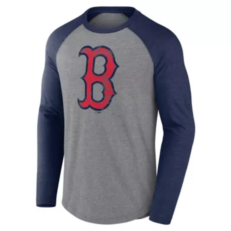 Boston Red Sox MLB Fanatics Gray/ Weathered Logo Tri-Blend Raglan Long Sleeve T-Shirt