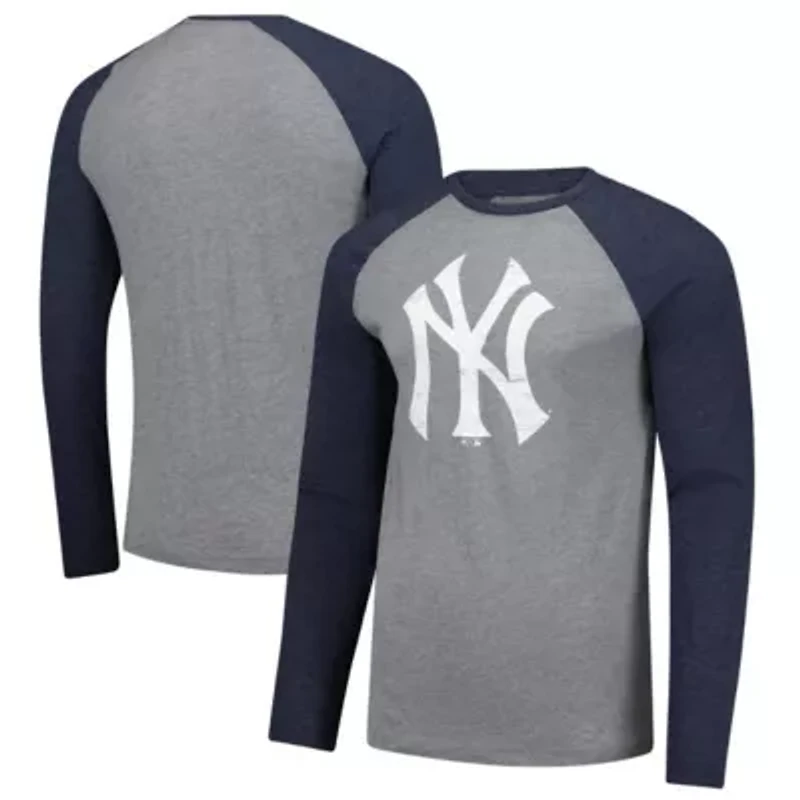 MLB Fanatics Gray/ New York Yankees Weathered Logo Tri-Blend Raglan Long Sleeve T-Shirt