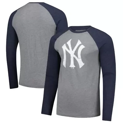 MLB Fanatics Gray/ New York Yankees Weathered Logo Tri-Blend Raglan Long Sleeve T-Shirt