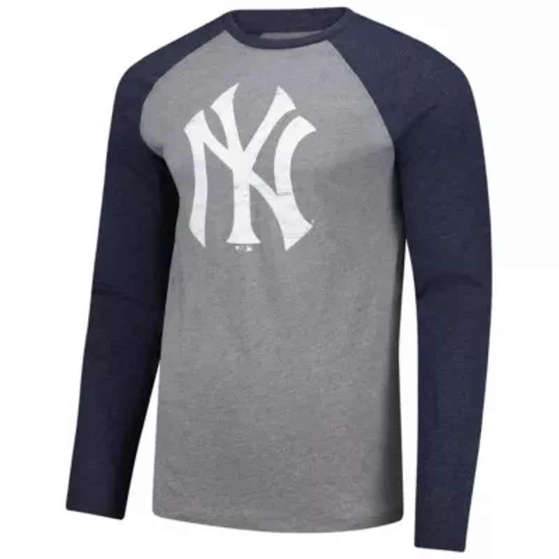 MLB Fanatics Gray/ New York Yankees Weathered Logo Tri-Blend Raglan Long Sleeve T-Shirt