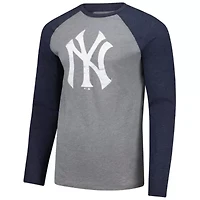 MLB Fanatics Gray/ New York Yankees Weathered Logo Tri-Blend Raglan Long Sleeve T-Shirt