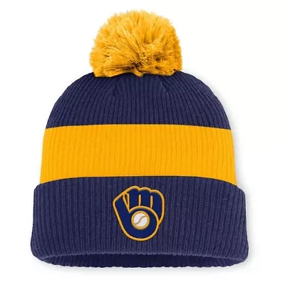 MLB Nike Blue/Gold Milwaukee Brewers Cooperstown Collection Peak Standard Cuffed Knit Hat with Pom