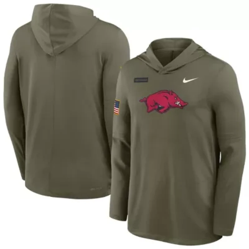 NCAA Nike Arkansas Razorbacks 2025 Military Appreciation Dri-FIT Long Sleeve Hoodie T-Shirt