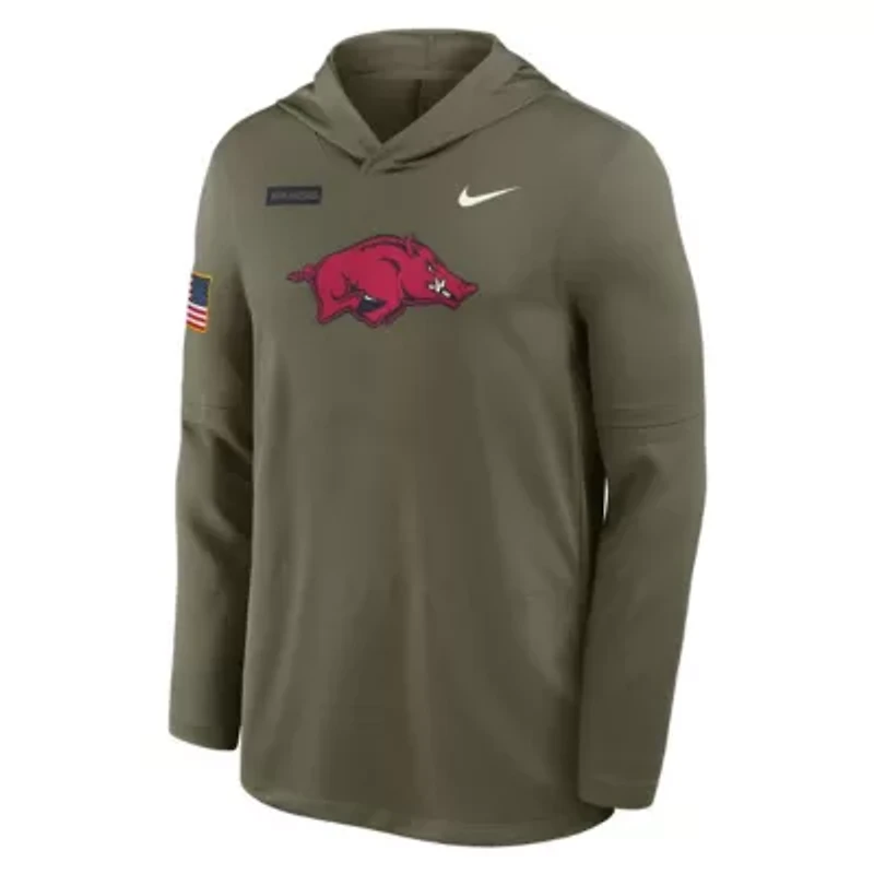 NCAA Nike Arkansas Razorbacks 2025 Military Appreciation Dri-FIT Long Sleeve Hoodie T-Shirt