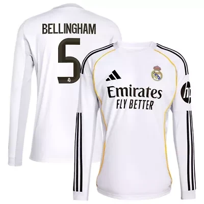 La Liga Jude Bellingham Real Madrid 2025/26 Home Replica Long Sleeve Jersey
