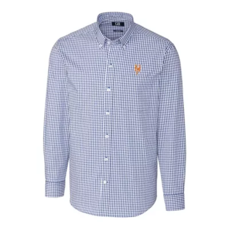 MLB New York Mets Big & Tall Stretch Gingham Long Sleeve Button-Down Shirt